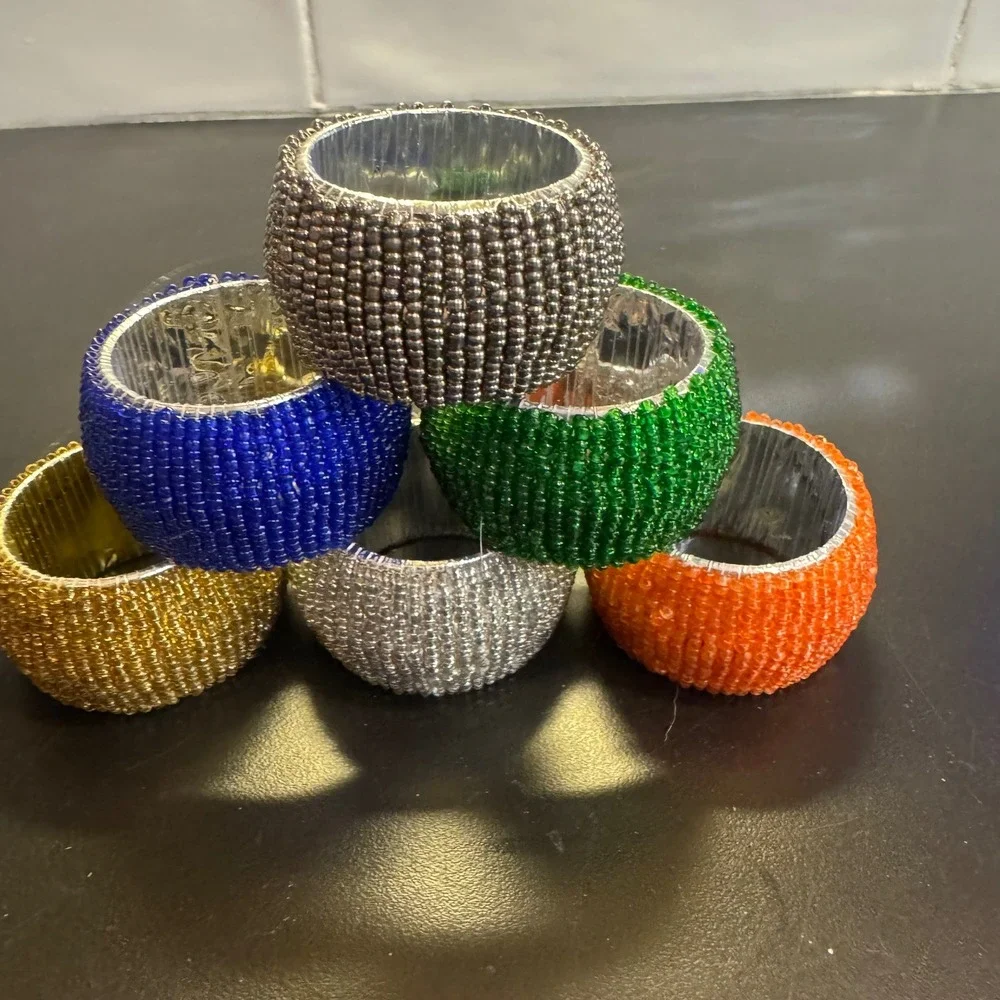Beaded Napkin Rings Set of 6 Multicolor Jewel Tone Boho Dining Decor